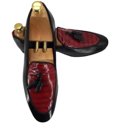 Mocassin bi-matière cuir et cuir façon croco noir et rouge - Imola