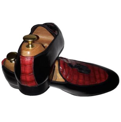 Mocassin bi-matière cuir et cuir façon croco noir et rouge - Imola