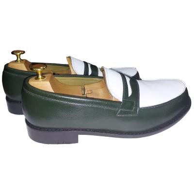 Mocassin cuir bout rond vert et blanc : College