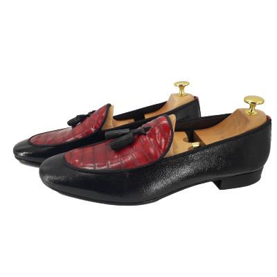 Mocassin bi-matière cuir et cuir façon croco noir et rouge - Imola