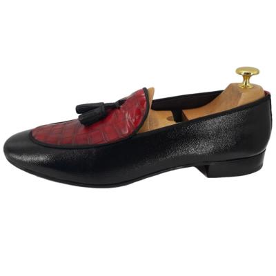 Mocassin bi-matière cuir et cuir façon croco noir et rouge - Imola