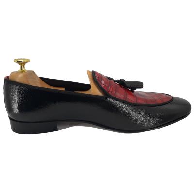 Mocassin bi-matière cuir et cuir façon croco noir et rouge - Imola